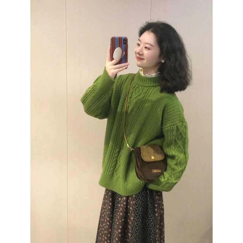 新品牛油果绿慵懒风韩系显白上衣B麻花加厚圆领外穿套头宽松粗线