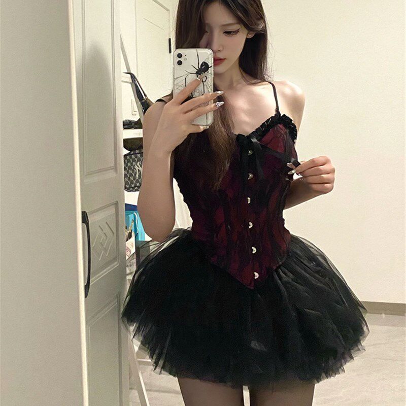 新品宫廷风甜辣套装美式s性感辣妹抹胸上衣蓬蓬半身裙子两件套夏