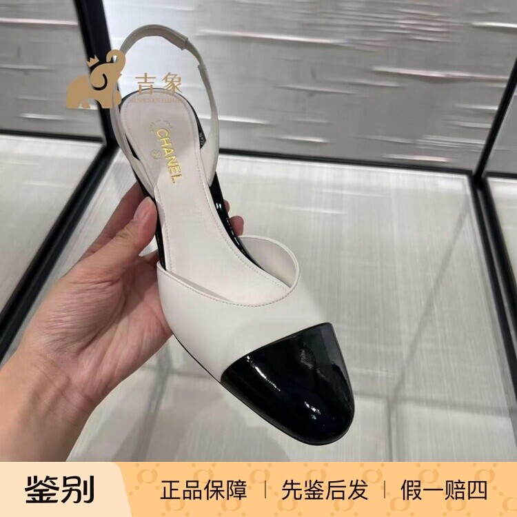 香奈儿羊皮拼漆皮苹果跟后空高鞋