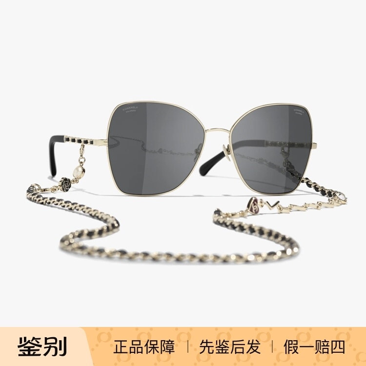 Chanel香奈儿新款女士字母双C珍珠皮穿链挂脖蝴蝶形太阳眼镜墨镜