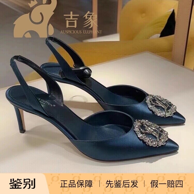 Lv路易威登2023新款女鞋缎面水钻珍珠高跟尖头露跟高跟鞋1ACBI3