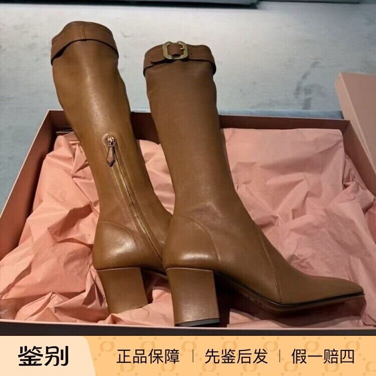 缪缪新款羊皮粗跟带扣骑士靴