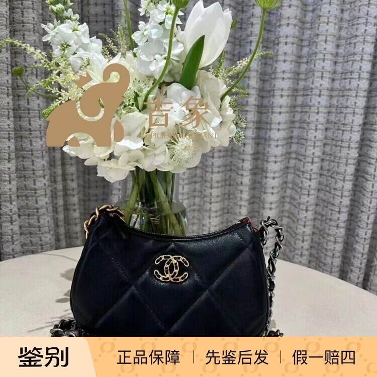Chanel香奈儿24C新款女包黑色羊皮菱格纹19Bag 豌豆包单肩斜挎包