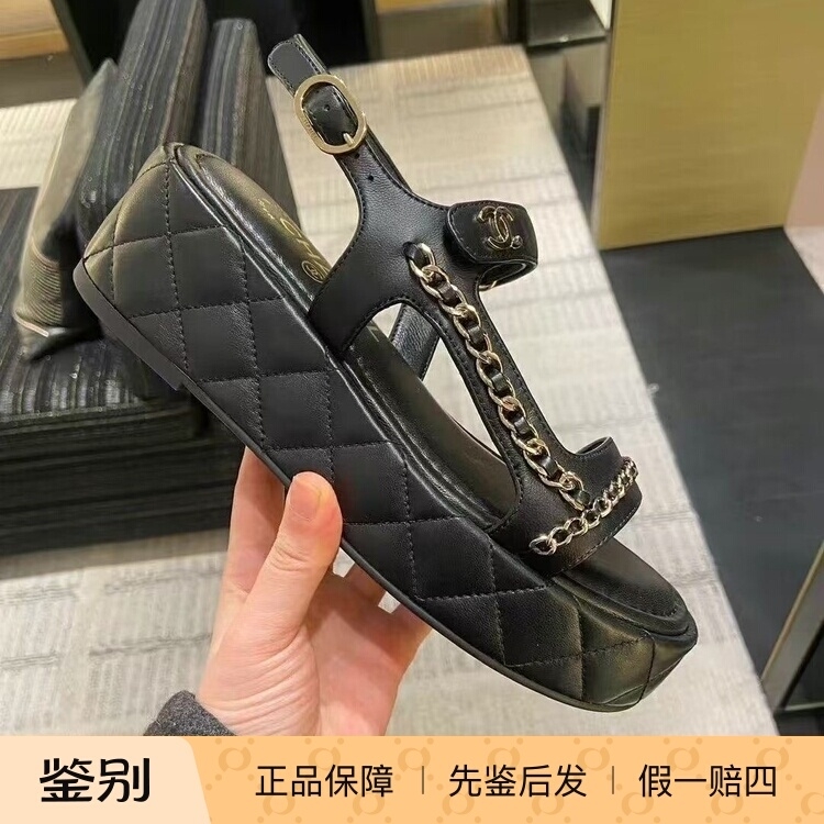 头层牛皮日常菱形凉靴后绊带穿链