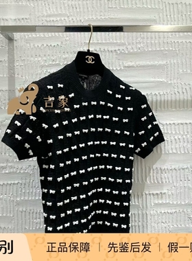 Chanel/香奈儿25K新款女装黑色/白色蝴蝶结短袖圆领针织衫