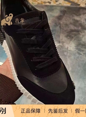 Hermes/爱马仕2025新款男鞋黑色牛皮拼接麂皮Bouncing运动鞋跑鞋