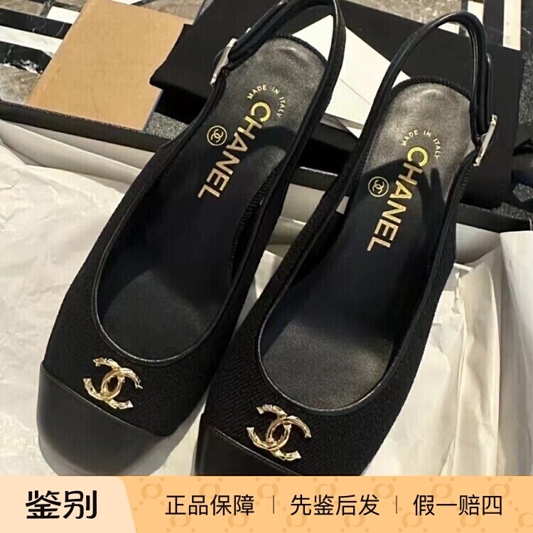 公主风粗跟系带搭扣黑色包头后空
