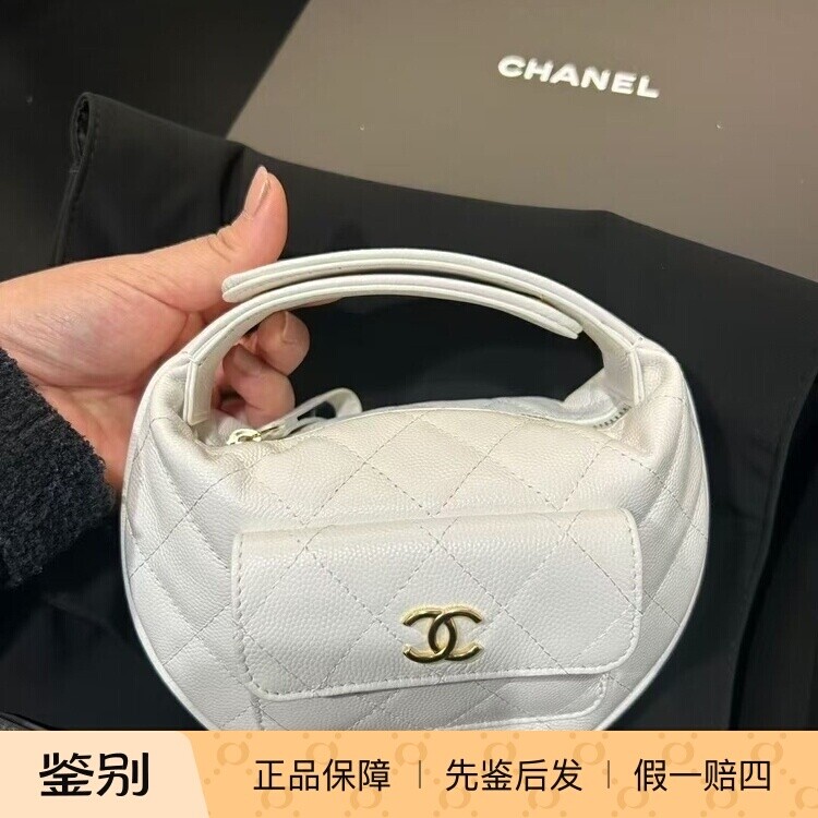 Chanel香奈儿25P新款女包白色金扣荔枝牛皮口袋呼啦圈手提包