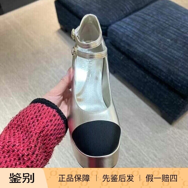 单鞋圆头拼色双搭扣浅口防水台