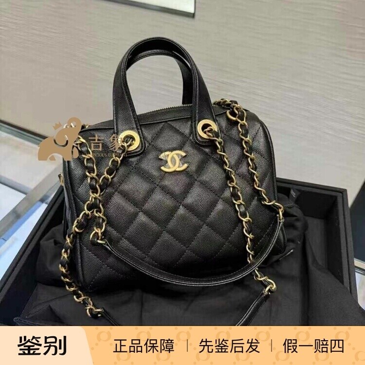 Chanel香奈儿25A新款女包黑金荔枝牛皮保龄球包双链条手提单肩包
