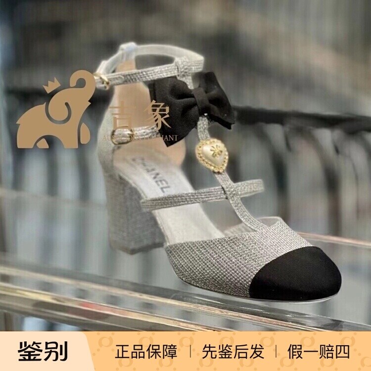 chanel新款银色拼黑头蝴蝶结凉鞋
