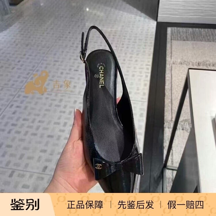 Chanel香奈儿25A新款女鞋黑色小牛漆皮蝴蝶结尖头后系带鞋高跟鞋