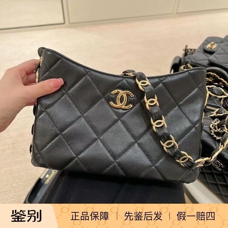 Chanel香奈儿24K女包黑色羊皮革菱格纹hobo粗链条腋下包嬉皮包
