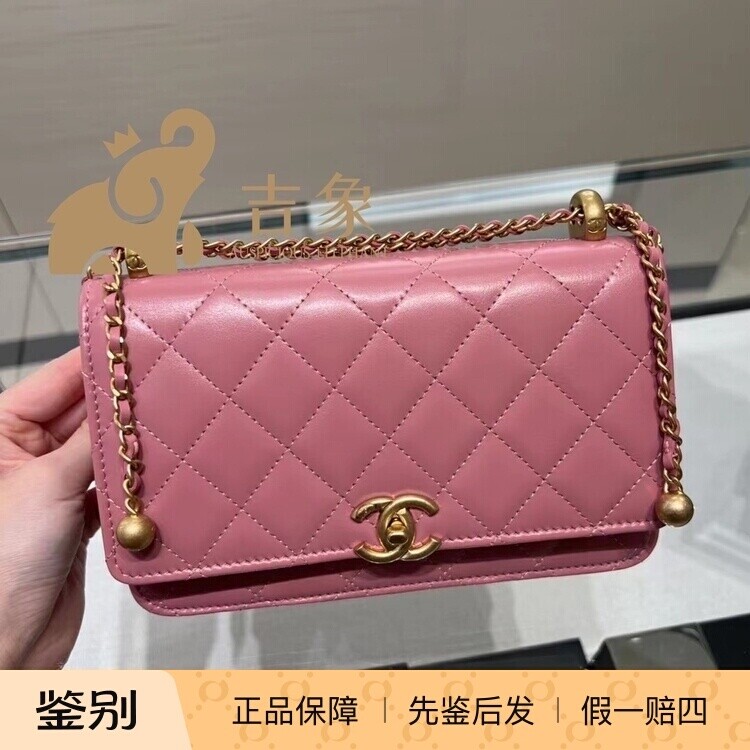 Chanel香奈儿24C新款女包粉色牛皮双金珠链条Woc发财包单肩斜挎包