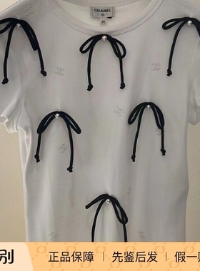 Chanel香奈儿25P新款女装黑色蝴蝶结珍珠双C圆领短袖T恤