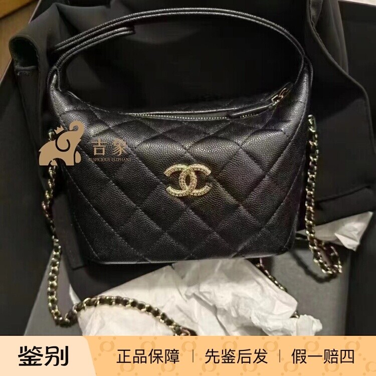Chanel香奈儿25A新款女包黑金荔枝颗粒牛皮链条HOBO饭盒包斜跨包