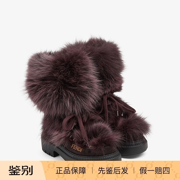 Fendi/芬迪2024新款女鞋深紫色狐狸皮草拼麂皮厚底雪地靴短靴