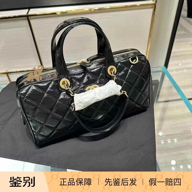 Chanel香奈儿25A新款女包黑色油蜡牛皮保龄球包双链条单肩斜挎包