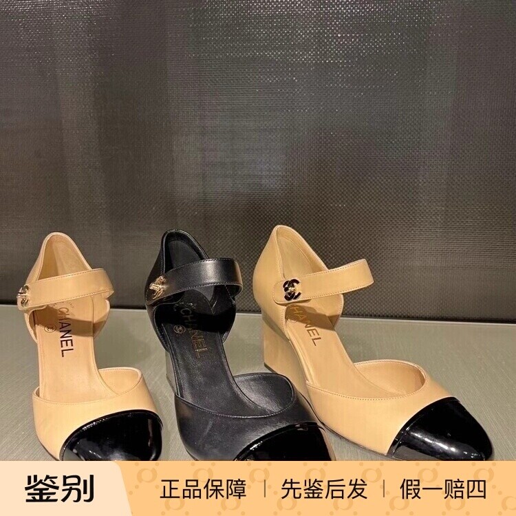 Chanel/香奈儿24P新款女鞋时尚拼色圆头双C搭扣坡跟高跟玛丽珍鞋