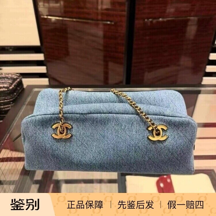 香奈儿牛仔大号链条保龄球包