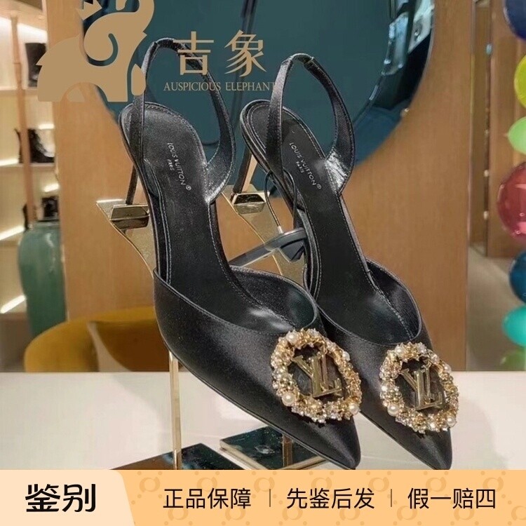 Lv路易威登2023新款女鞋缎面水钻珍珠高跟尖头露跟高跟鞋1AC6E7