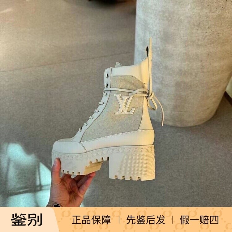 LV路易威登2024新款女鞋帆布系带厚底防水台马丁靴短靴1AD9ZB