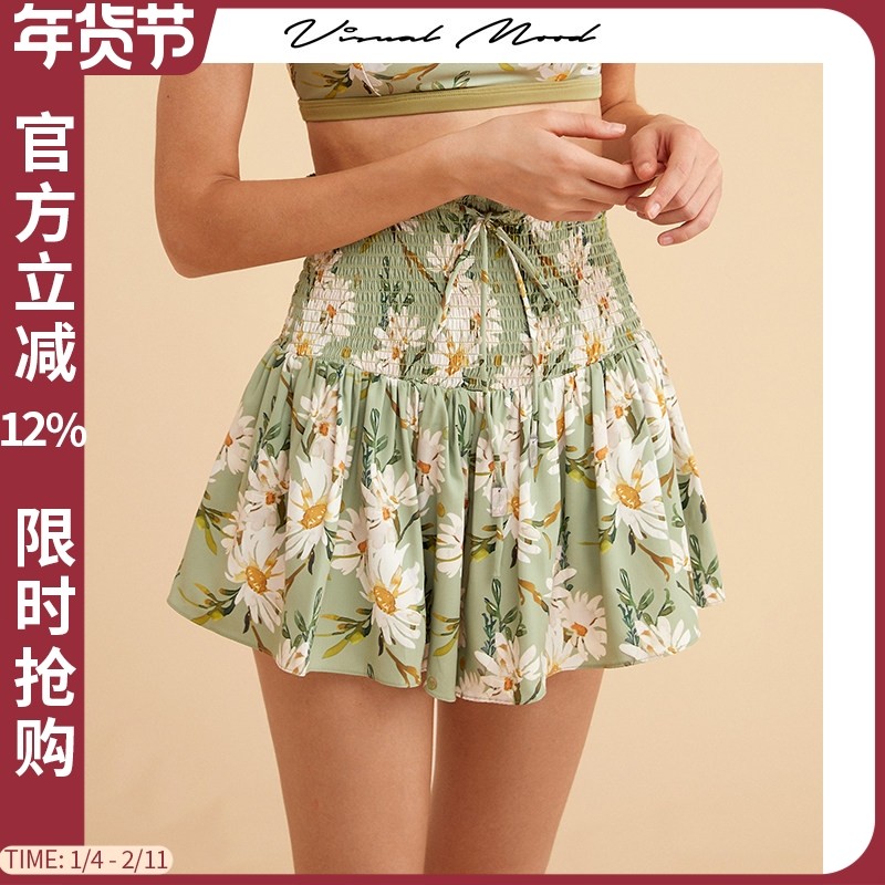 VISUAL MOOD复古法式褶皱绿印花高腰遮肚显瘦度假百搭半身裙裤女,运动/瑜伽/健身/球迷用品,分体泳衣,淘宝优惠券,粉丝福利购,淘宝优惠卷