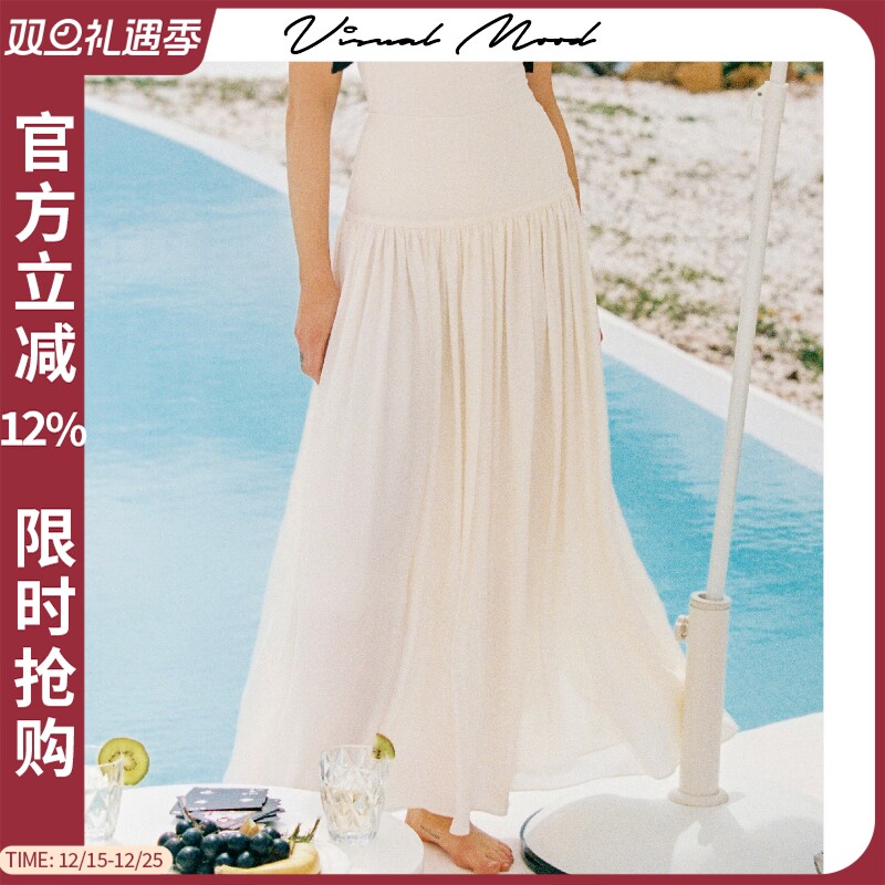visual mood夏季白长裙雪纺透气沙滩裙复古显瘦海边度假拍照优雅
