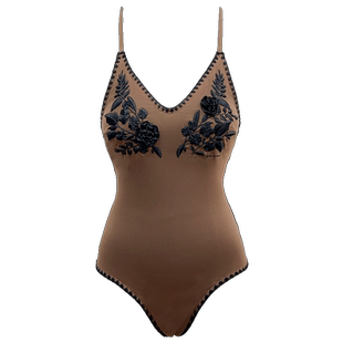 visual mood泳衣女复古盘花刺绣V领棕黑遮肚显瘦连体温泉度假泳装