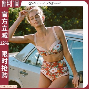 印花比基尼度假泳衣女 高腰新款 visual mood遮肚显瘦复古红分体式