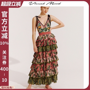 VISUALMOOD復(fù)古優(yōu)雅粉印花高端性感抹胸裙女時(shí)尚 顯瘦度假蛋糕裙