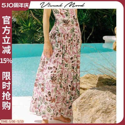 visual mood粉绿长裙法式雪纺印花高腰显瘦度假裙海边透气沙滩裙