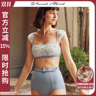 visual mood复古蓝比基尼高腰印花性感遮肚显瘦度假分体泳衣套装