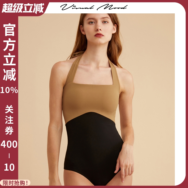 VisualMood黄黑撞色连体泳衣女