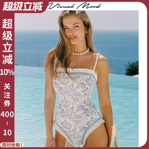 visualmood白蓝双面印花泳衣女