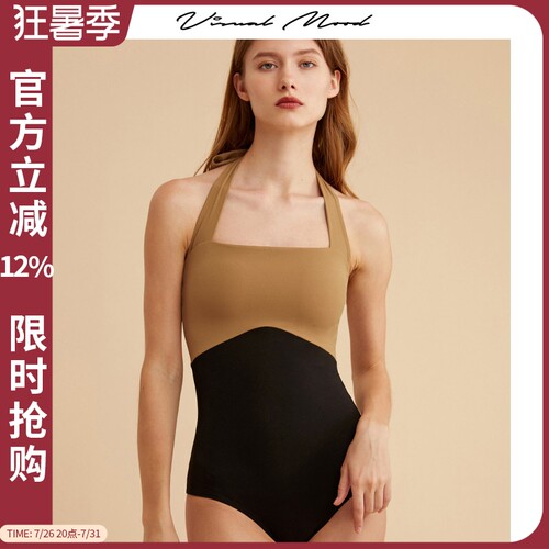 VisualMood黄黑撞色连体泳衣女