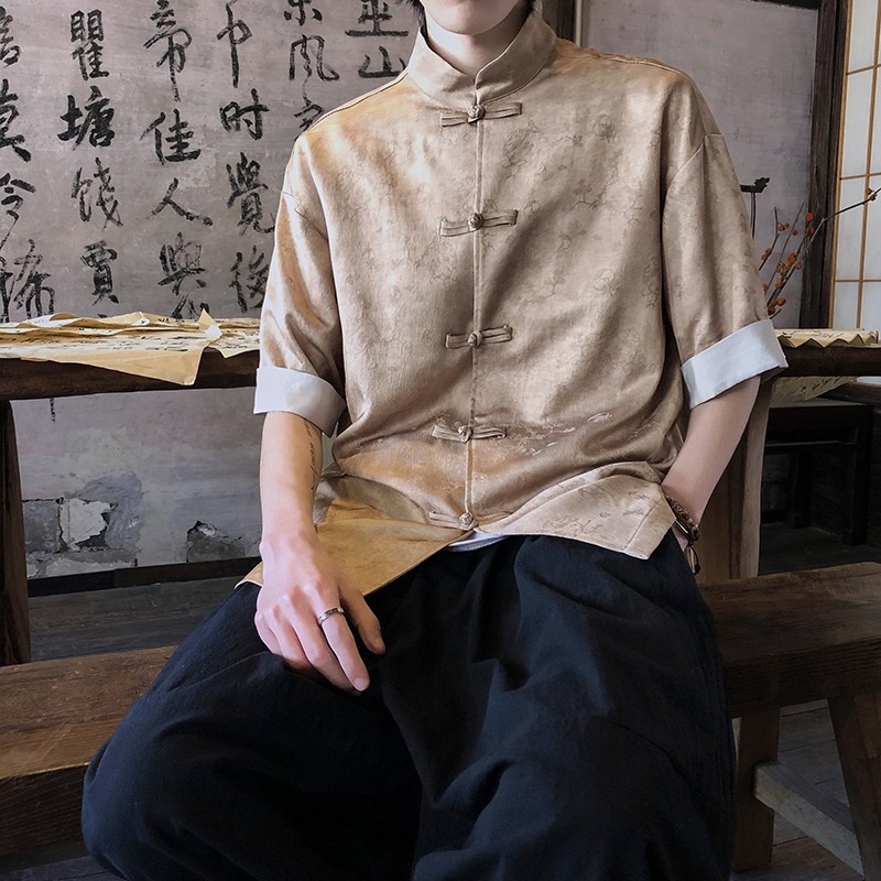 速发改良汉服男中国风夏季薄款新中式唐装大码五分袖衬衣