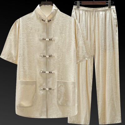 速发中国风装装男真丝绸中老年夏唐爷爷老人衣服爸爸装套装