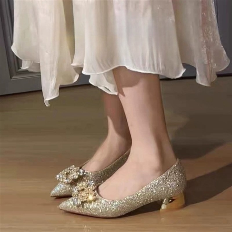 速发法式高级感订婚鞋孕妇粗跟新娘鞋水晶秀禾婚纱两穿伴娘鞋不累