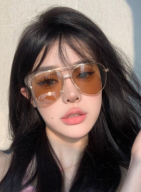 速发韩系复古飞行员双梁太镜茶蛤脸小显防镜茶色蟆紫外线太镜男