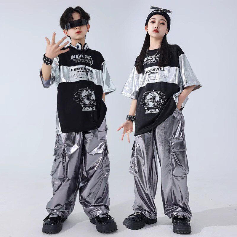 速发少儿街舞套装炸街男孩嘻哈银色孩hiphop走秀架子鼓演出服