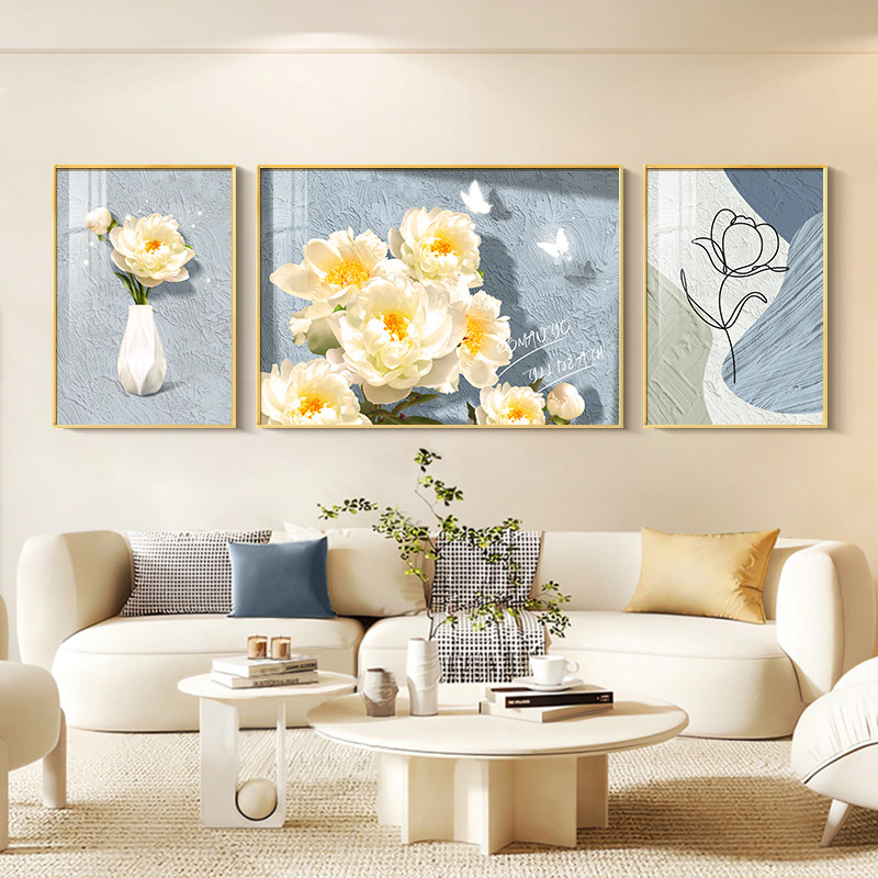 速发奶风油客厅画沙发背画墙装饰画简约花卉郁金香三联景挂画
