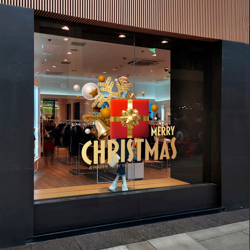 速发圣诞节装饰窗贴服装商场店铺玻窗橱璃礼门贴纸贴盒元旦窗花静