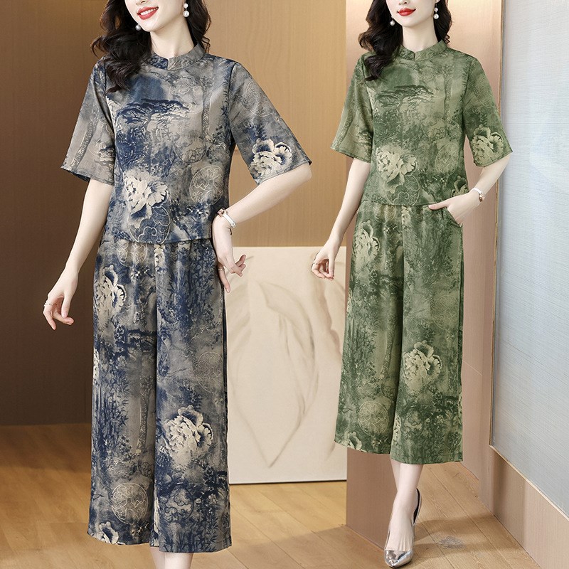 速发香云纱真丝2024夏国风复古民族风印花套装中年妈妈新中式两件