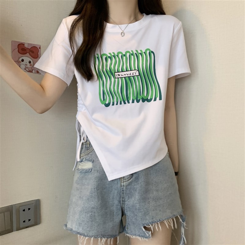 速发大码不规则t恤夏设计感字母印花抽绳短款正肩上衣