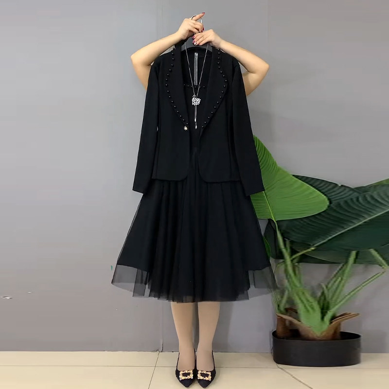 速发大码女装翻领钉珠西服外套网纱裙2024春秋新款时尚两件套