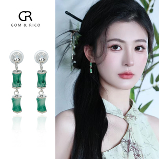 新款 绿色竹节蚊香盘古风中国风艺术生复古耳夹无耳洞女耳饰 新中式