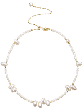 【新款】天然米粒珍珠猫眼石串珠项链锁骨链