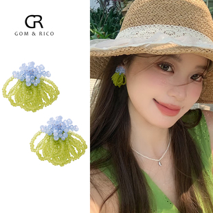 清新绿色串珠无耳洞耳夹手作水晶耳钉少女心甜美减龄 适合夏天