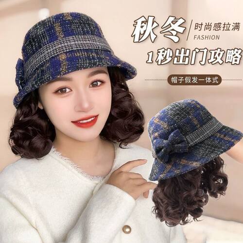 头发一体式帽子假发秋冬